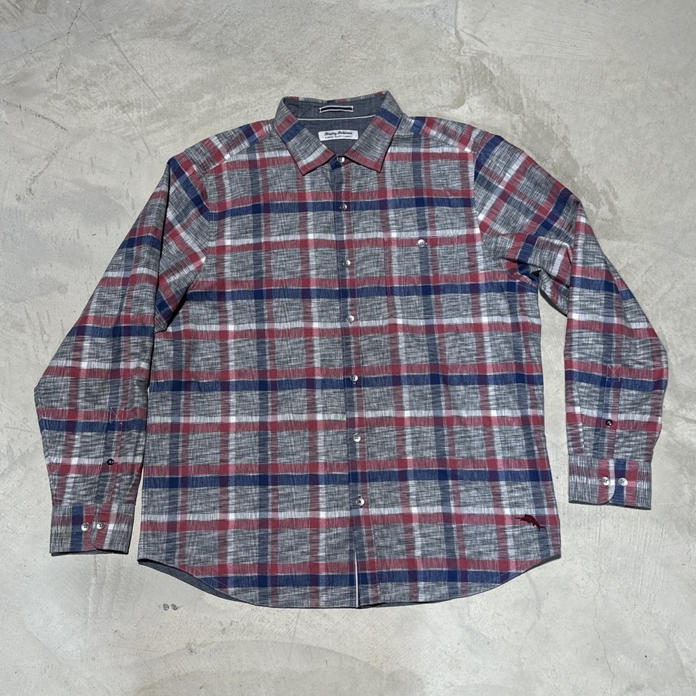 Tommy Bahama Canyon Beach Unwind Plaid Flannel Shirt Men's XL Asheen Gray Blue